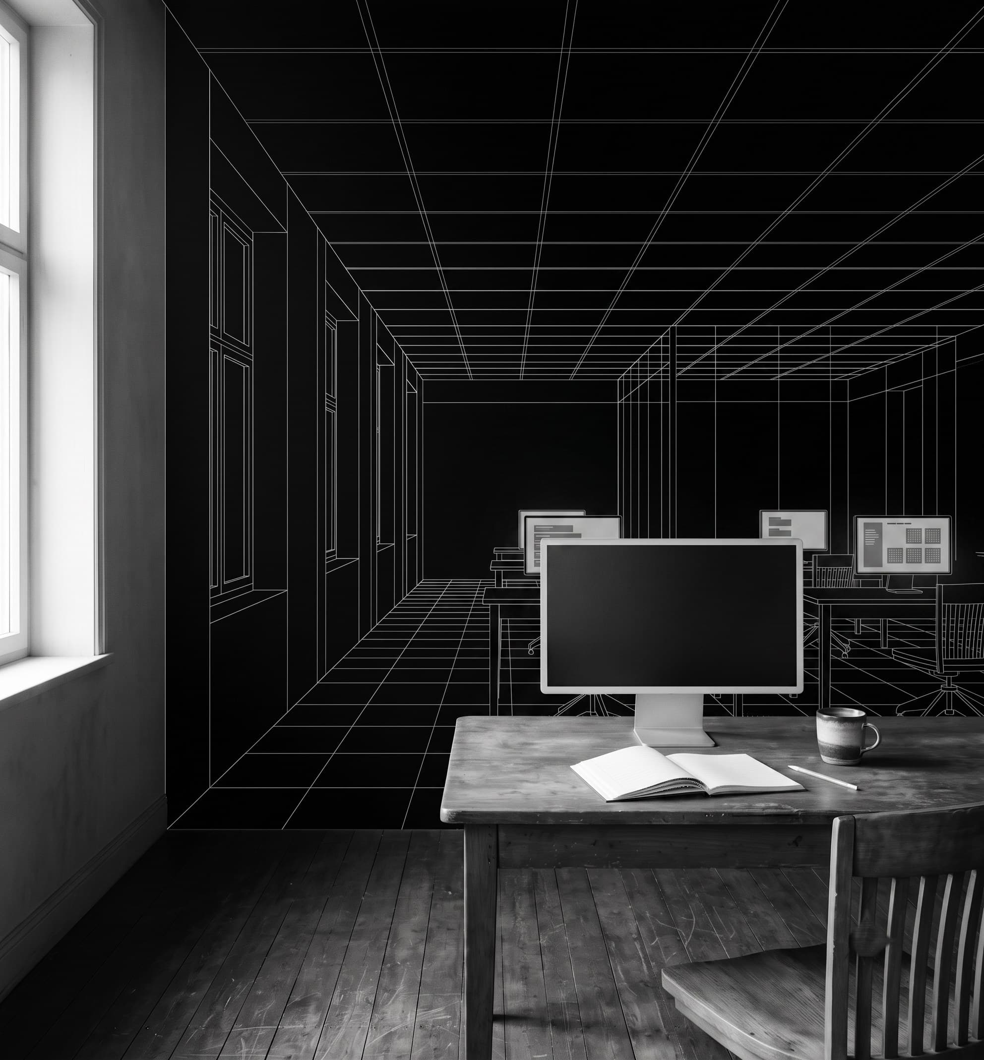 Büroarbeitsplatz mit Holztisch und Notizbuch; hinter dem Monitor setzt sich der Raum als digitale Drahtgitter-Konstruktion mit weiteren Arbeitsplätzen fort